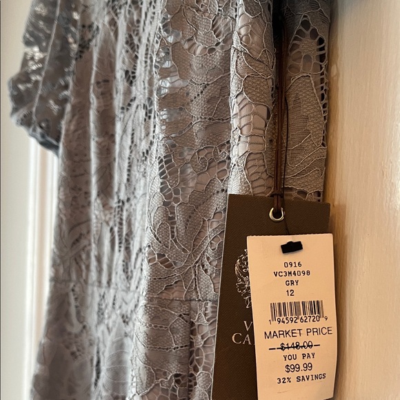Vince Camuto Gray Lace Midi Dress with Puff Sleeves - Picture 2 of 3